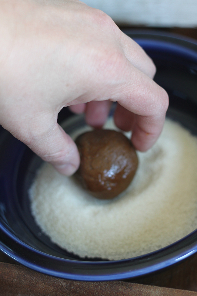 Dipping Molasses Cookies in Organic Cane Sugar