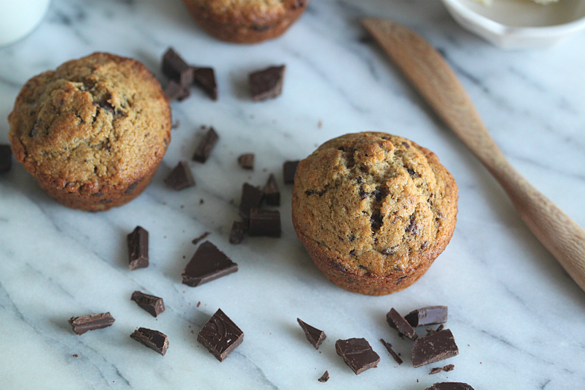 Banana Chocolate Chunk Sprouted Wheat Muffins with Coconut Oil