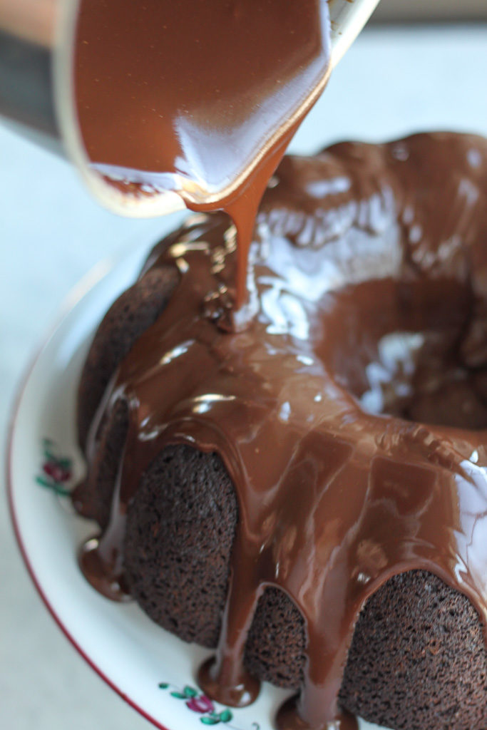 Pouring Ganache on Triple Chocolate Cake