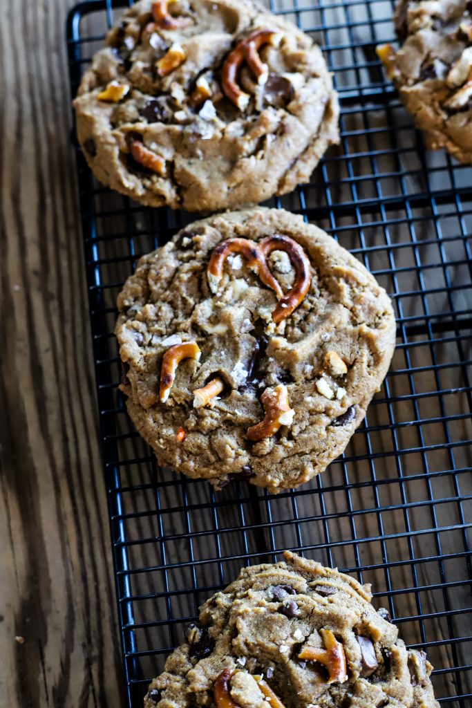 Salted Peanut Butter Cup Brown Butter Chocolate Chip Cookies (with Pretzels!)